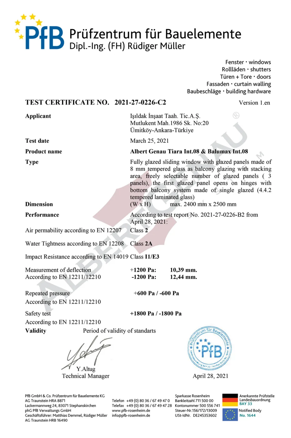 Tiara Int08 / Balumax Int08 cam balkon PfB test sertifikası